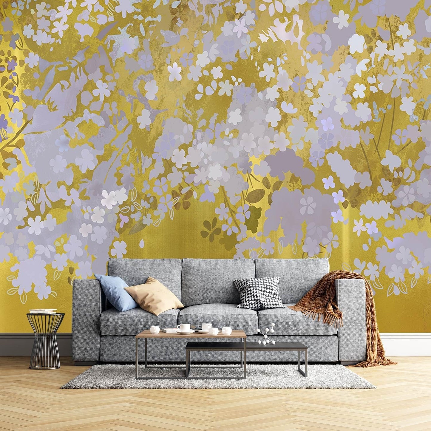 -Gold Floral Living Room Wallpaper XT19 L 180" x 115"