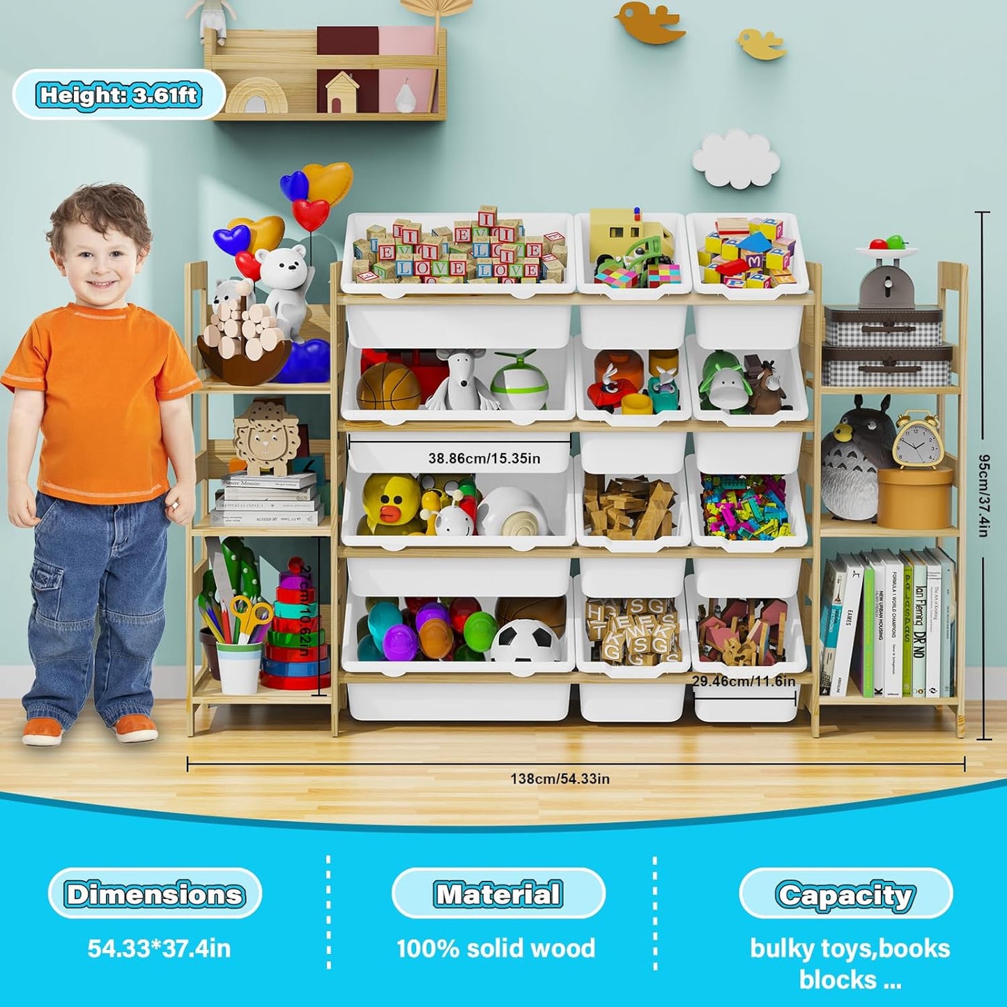 Toy Storage Organizer, with 4-Tier Toy Shelf and 12 Bins, Kids Bookshelf and Toy Storage with 6 Shelves for Kids Room Bedroom Playroom Nursery Room