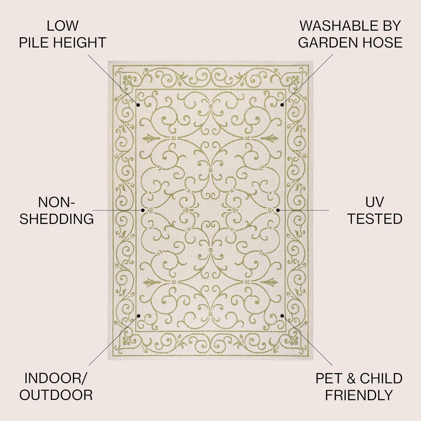 JONATHAN Y Vintage Filigree Indoor Outdoor Square Area Rug 5X5 Cream/Green, Charleston Textured Weave for Backyard, Patio, Porch, Easy-Cleaning, High Traffic, Pet-Friendly, Non-Shedding (SMB106I-5SQ)