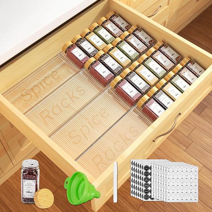 24 Spice Jars with Spice Drawer Organizer, 355 Spice Labels, 4 Pack Expandable From 11'' to 21'' Acrylic Spice Rack for Drawer, Seasoning Containers Storage Organization for Kitchen Cabinet Countertop