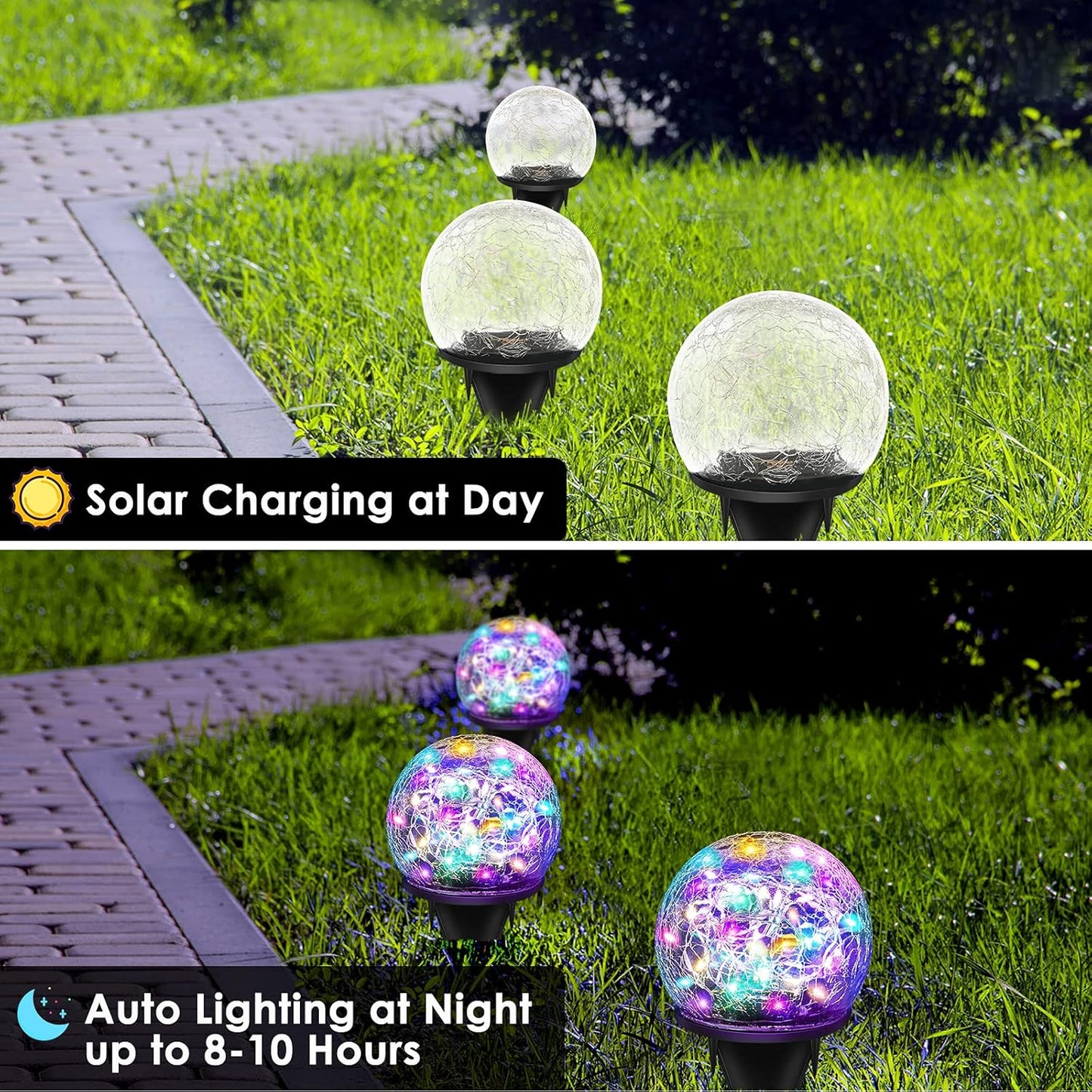 Solar Garden Lights, 4 Pack 120 LED Multicolor Cracked Glass Outdoor Decorative, Upgraded Waterproof Ball for Yard Pathway Patio Lawn Christmas Outside Decor, 3.94"