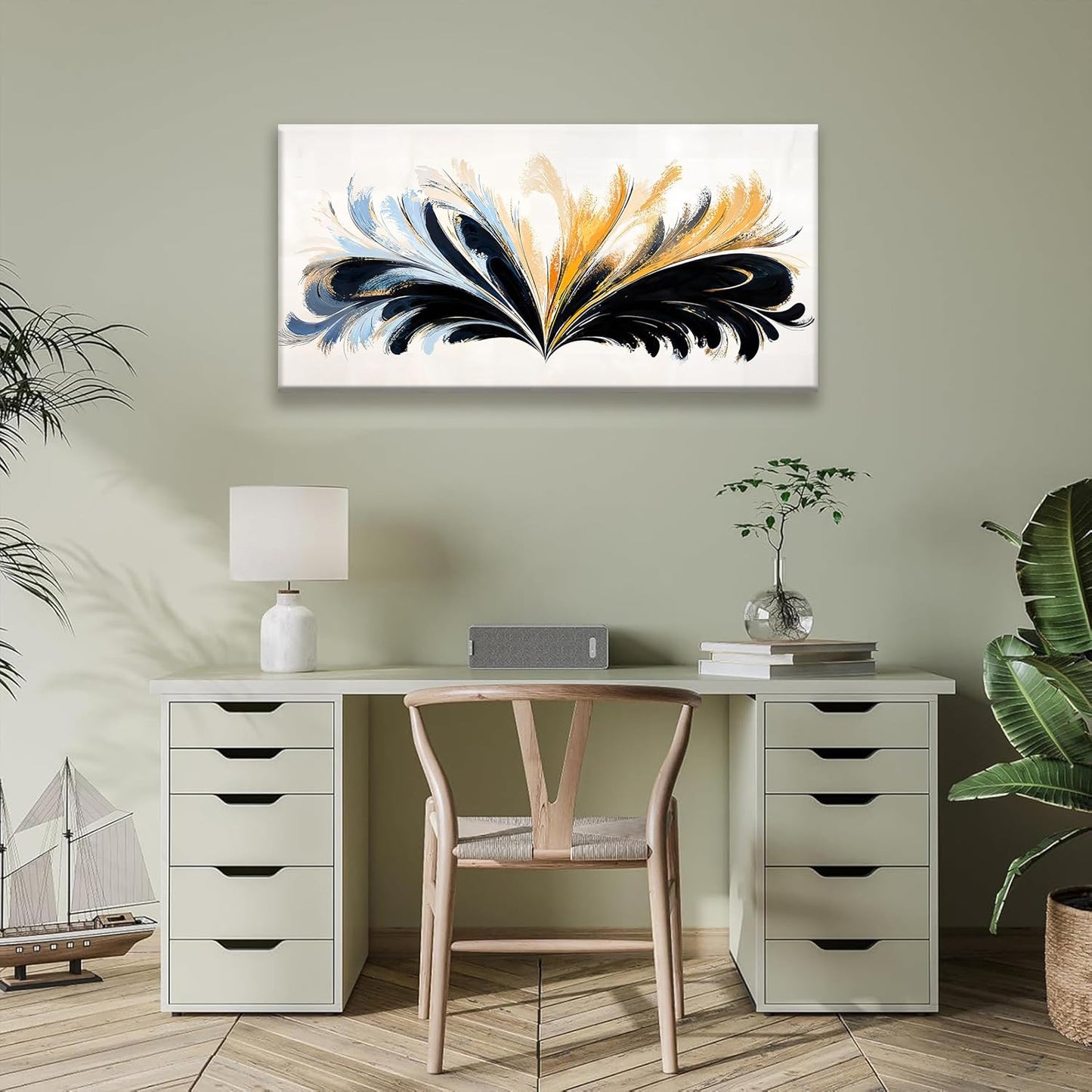 QSQ Black And Gold Abstract Wall Art Print Painting Canvas Art Wall Decor Artwork Abstract Blue Feather Wall Decor Pictures For Bedroom Kitchen Office Artwork 20 X 40 Inch Ready To Hang