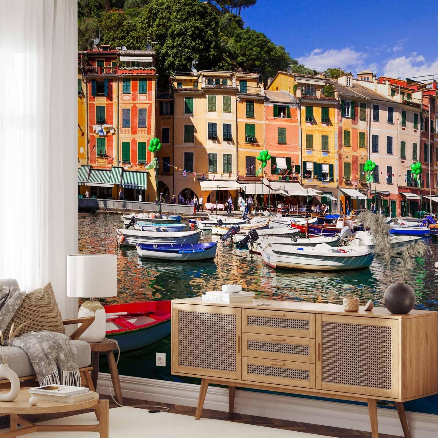 artgeist Premium Wall Mural Architecture 216x98 in - Non-Woven Photo Wallpaper Art Print Fleece Wall Mural Decoration Poster Picture Design City Lake Boat Like Painted d-B-0297-a-a