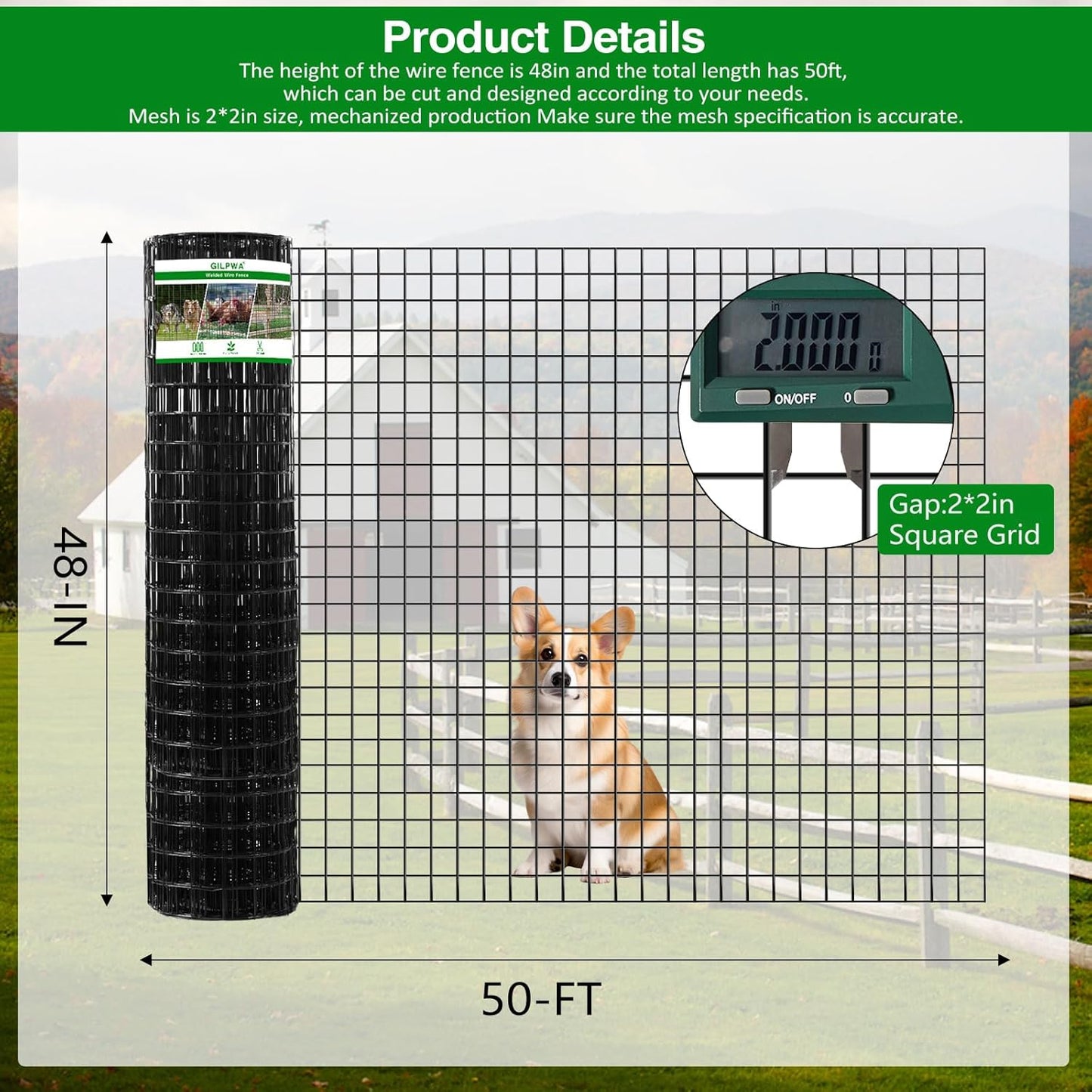 Wire Fence, 48 in(H) X 50 ft(L) PVC Coated Welded Wire Fencing 2" X 2" 16GA Garden Border Vinyl Metal Chicken Wire Fencing Mesh Roll for Yard Vegetable Plant Protection Poultry Netting Black