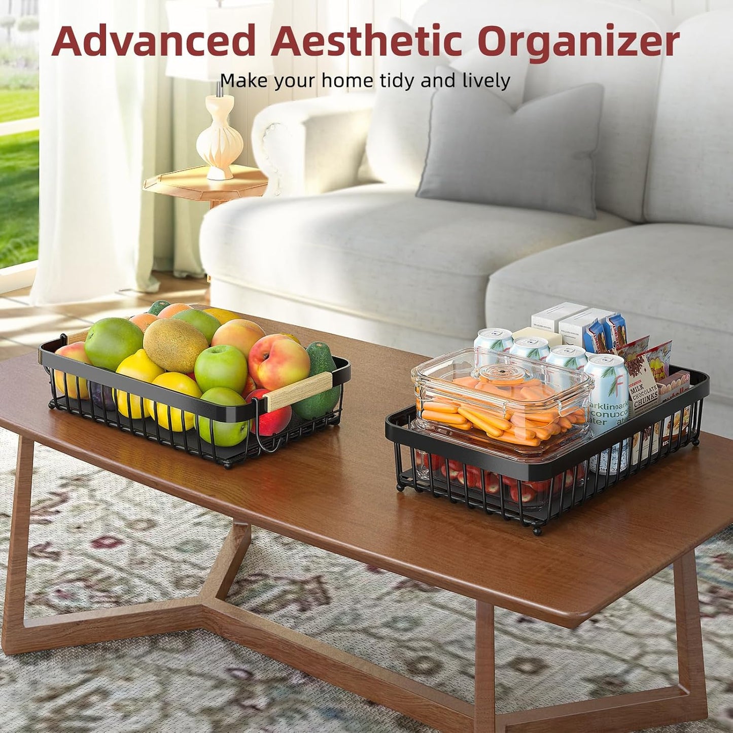 3 Tier Fruit Basket for Kitchen Counter with 2 Mobile Banana Hangers, 2025 Pro Detachable Metal Fruit Bowl with Wooden Handle, Fruit Holder for Bread Snack Veggies with Protective Mats