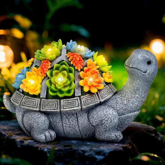 Solar Turtle Statue Garden Decor for Outside with Succulents and 7 LED Lights – 10.3 Inch Cute Lawn Ornaments for Patio, Porch, Balcony & Yard – Unique Birthday Gifts for Women Mom Grandma Wife