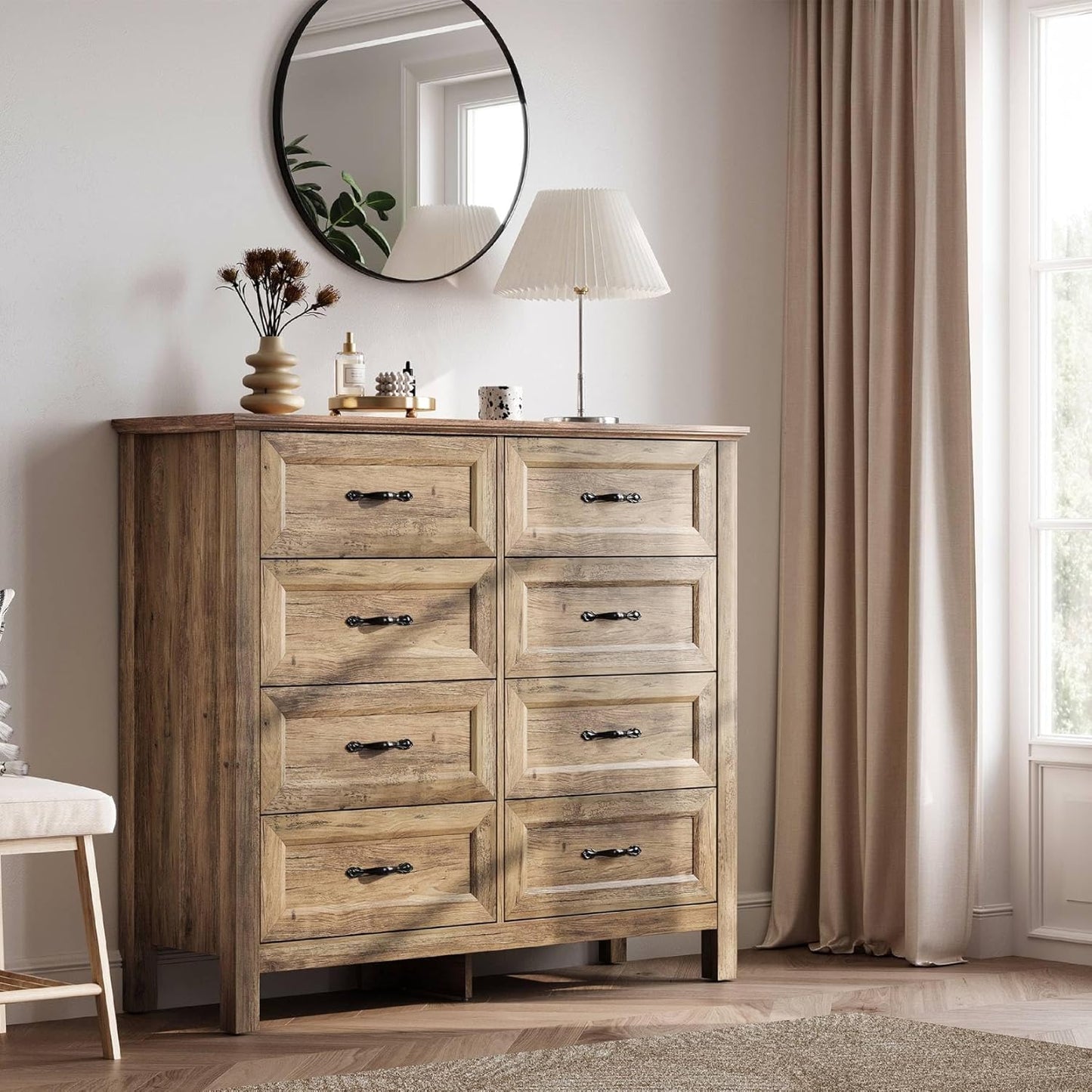 LINSY HOME Farmhouse 8 Drawers Dresser Chests for Bedroom, Wood Dresser Wide Chest of Drawers, Storage Dressers Organizer for Bedroom, Living Room,Hallway, SGS Certified