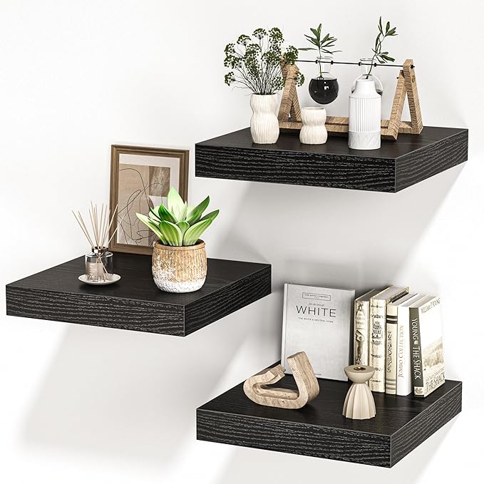 Square Floating Shelves for Wall, 12" W x 12" D x 1.2" H, Small Wooden Wall Mounted Display Shelves with Invisible Brackets for Living Room, Bedroom, Bathroom, Kitchen Decor, Set of 3, Black