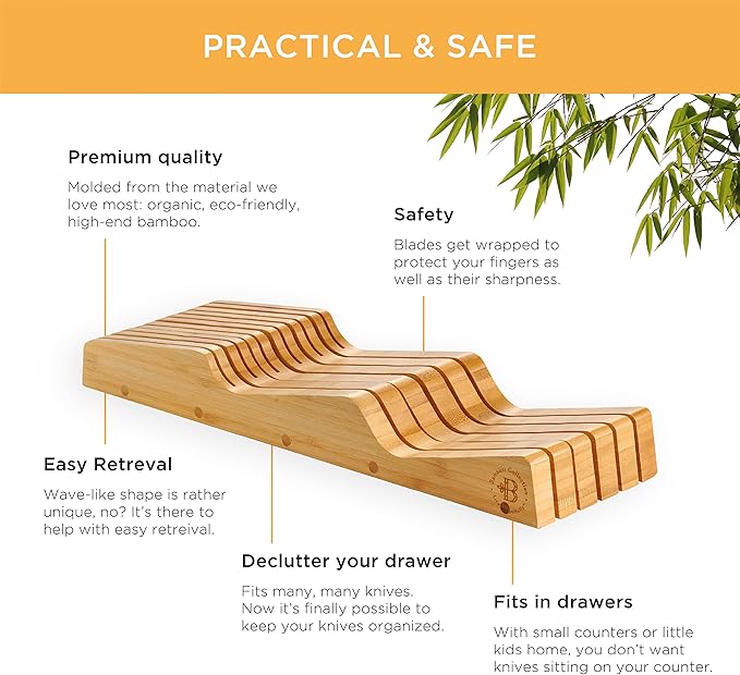 In-Drawer Knife Block - Bamboo Knife Drawer Organizer for Kitchen - Fits 5 Long + 6 Short Knives - Store Knives with Blades Pointing Down - Wooden Steak knife Holder without Knives - Chef Gift Idea