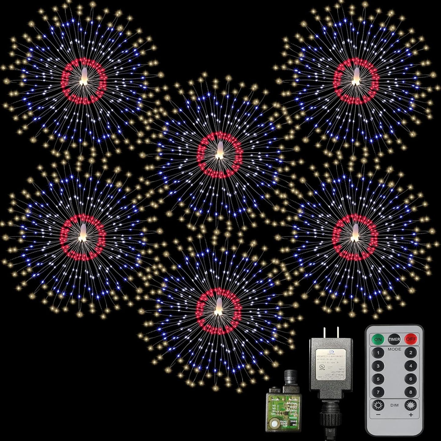 Firework Lights 6 Pack 180 LED Copper Wire Starburst With 8 Models, Power Supply Fairy With Remote Control, Waterproof Outdoor Hanging