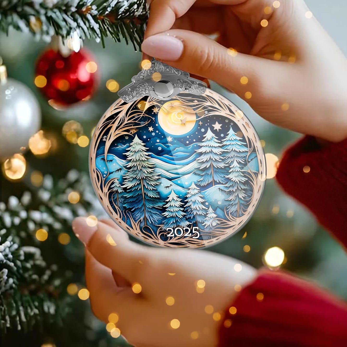 Christmas Ornaments, Winter Night Landscape 2025 Christmas Ornament, Large Acrylic Ornaments for Christmas Tree, White Elephant Gifts, Christmas Decor (Blue Forest)