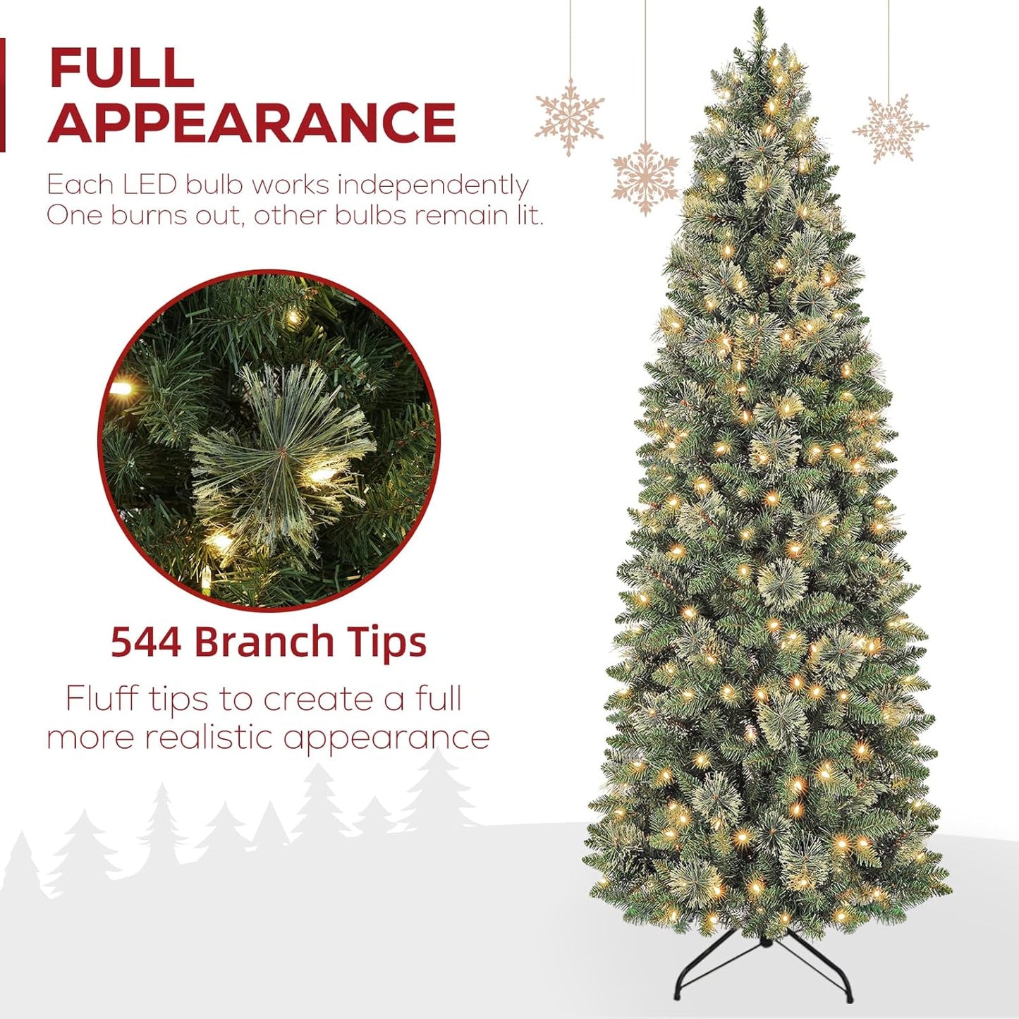 Hykolity 6 ft Prelit Pencil Slim Christmas Tree with 200 Warm White LED Lights, 544 PVC Branch Tips, Metal Stand and Hinged Branches