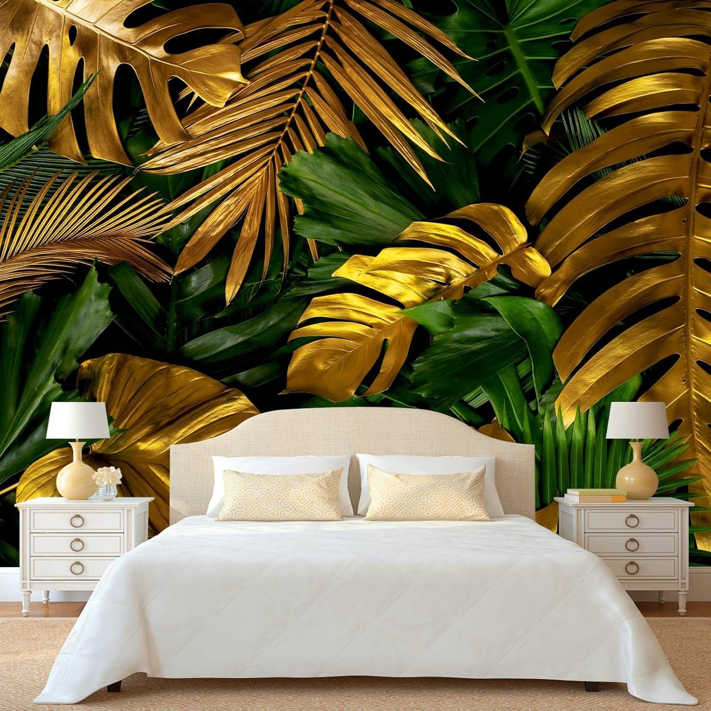 WFBHUA-Gold and Green Tropical Jungle Palm Leaf Wallpaper Mural Monstera Wall Mural for Living Room Bedroom (Not Peel and Stick)