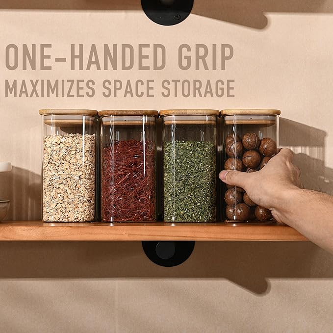 37oz Rectangle Airtight Glass Storage Containers with Bamboo Lids (Set of 6), Square Food Storage Jar, Pantry Organizers for Cereal, Nuts, Snacks and Coffee beans (‎with Black Lable)