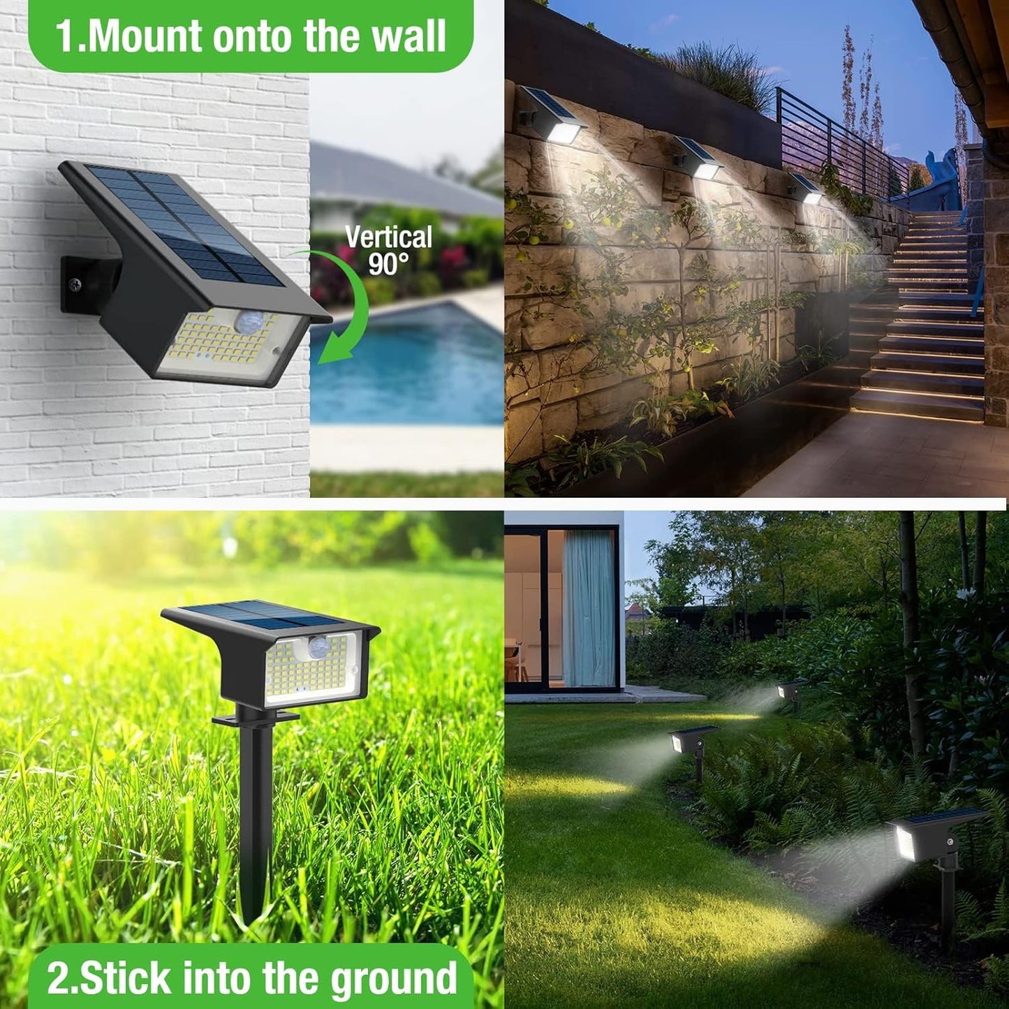 Nipify Solar Spot Lights, 3 Modes 62LED Outdoor Motion Sensor, Waterproof 2-in-1 Solar Landscape Lighting LED Garden Lights for Outside Yard Wall Pathway Walkway, 1 Pack