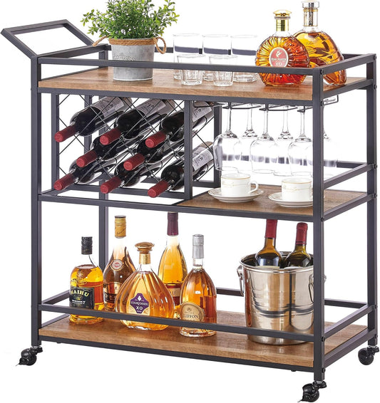 FATORRI Bar Cart for The Home, Rolling Wine Carts on Wheels with 3 Tier Wood Shelves, Liquor Beverage Cart with Wine Rack and Glass Holder (Rustic Oak)