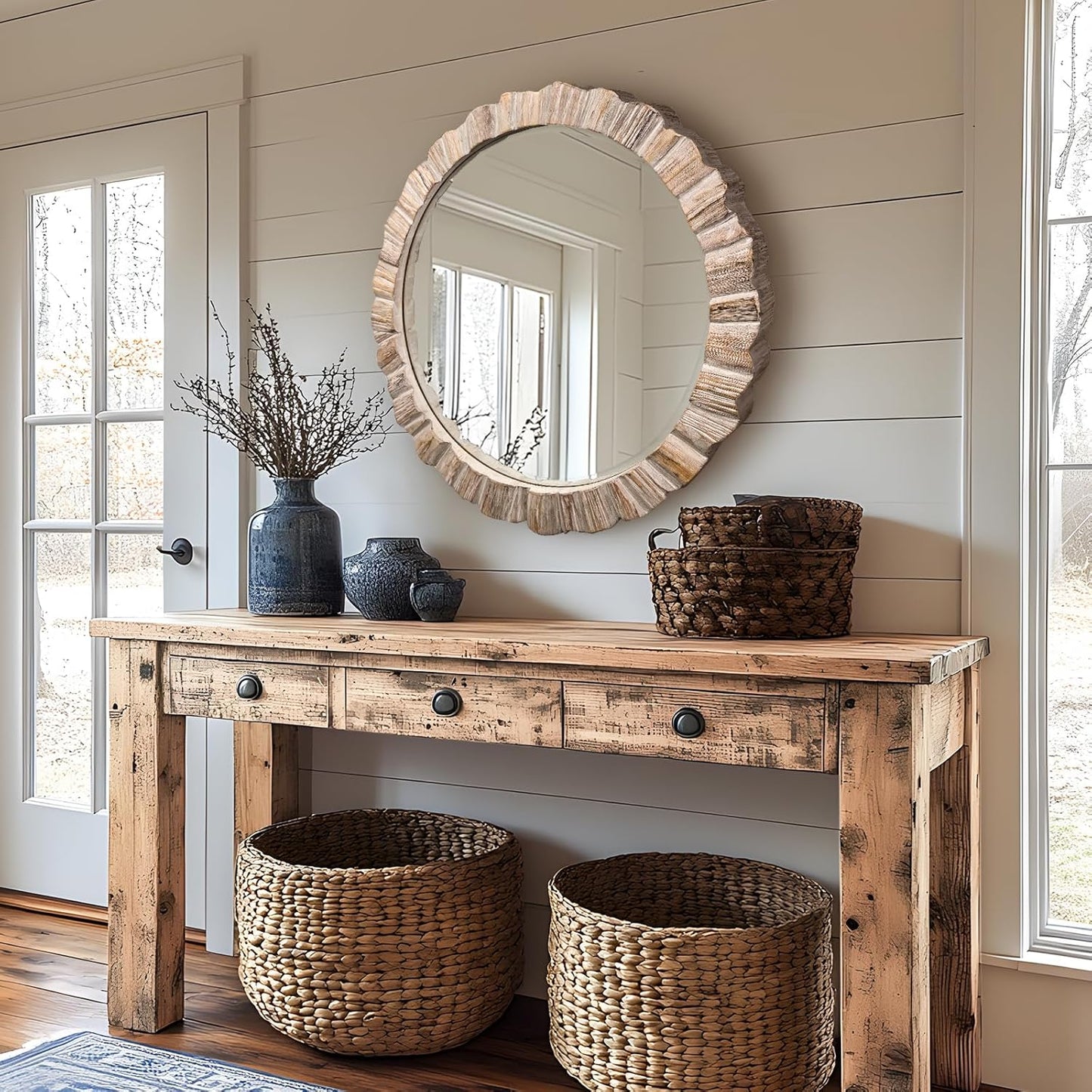 35" Wood Round Mirror, Rustic Wall Mirror with Thick Frame, Large Round Mirrors for Wall Decor, Wooden Circle Beveled Mirrors for Entryway, Farmhouse, Washed White