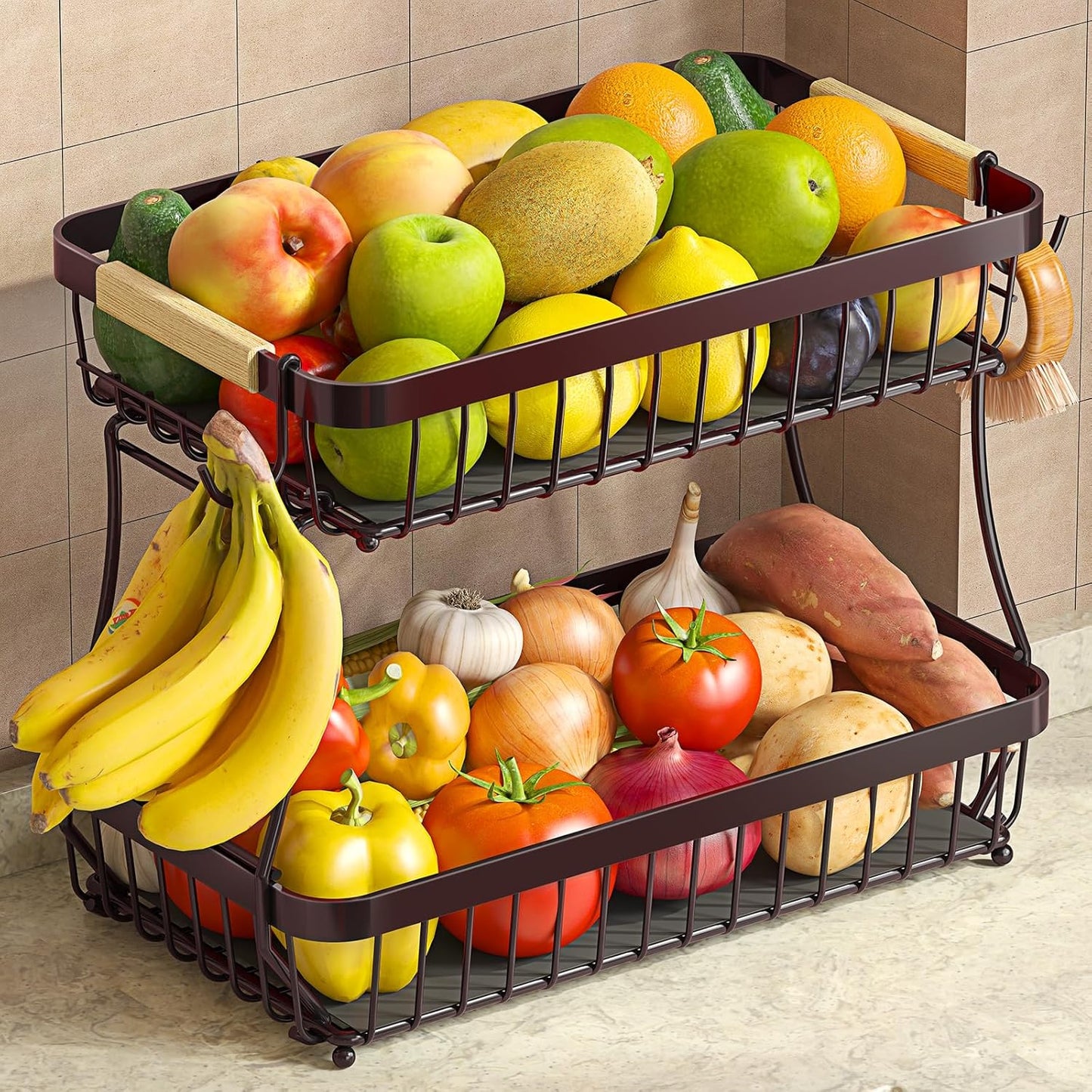 2 Tier Fruit Basket for Kitchen Counter with 2 Banana Hangers, 2025 Pro Detachable Metal Fruit Bowl with Wooden Handle,Fruit Holder for Bread Snack Veggies, Brown