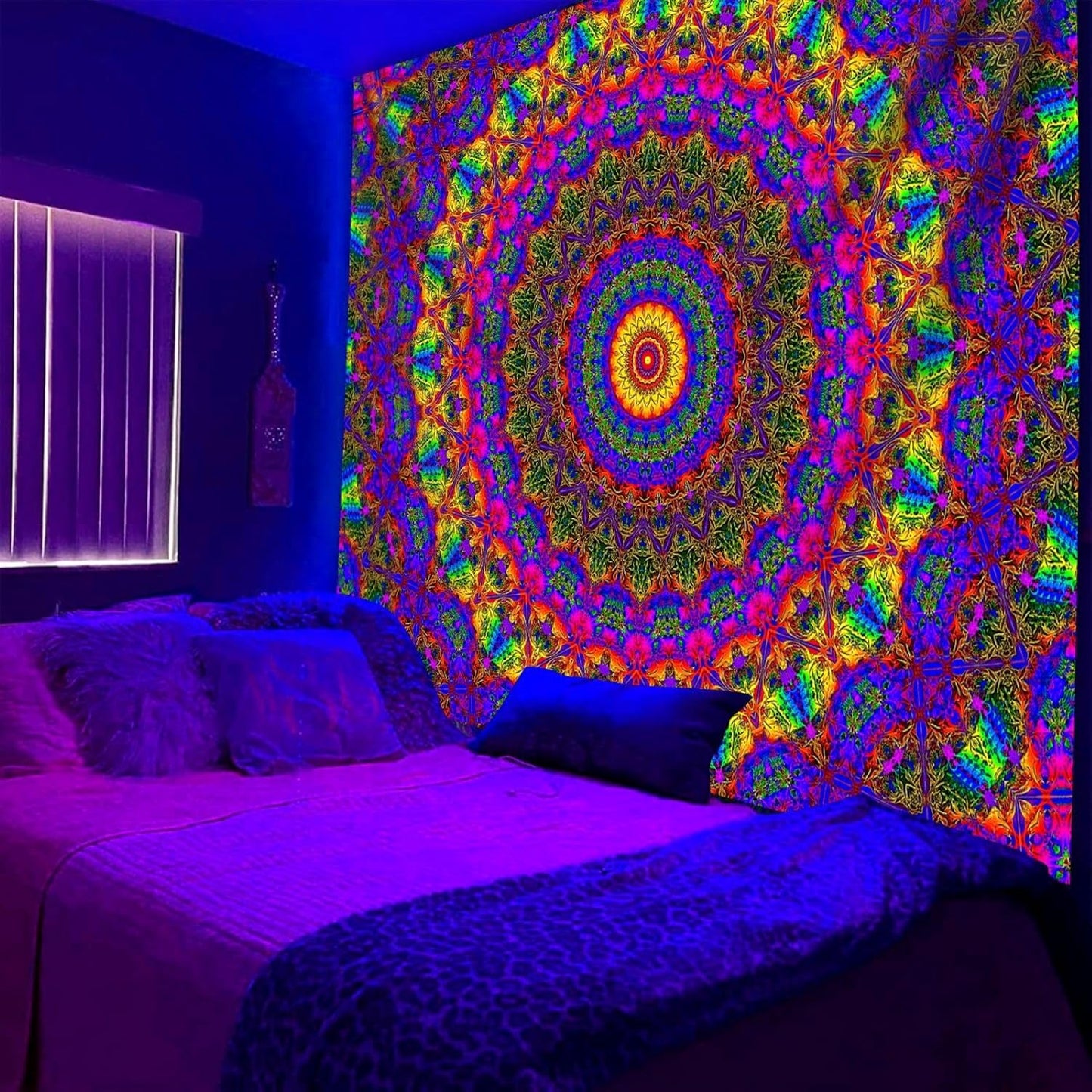 PSYHILAR Blacklight Mandala Boho Tapestry, Black Light Bohemian Hippie Poster for Adults and Teens, Aesthetic Colorful UV Reactive Wall Art Decor for Bedroom (80 x 60 Inches)