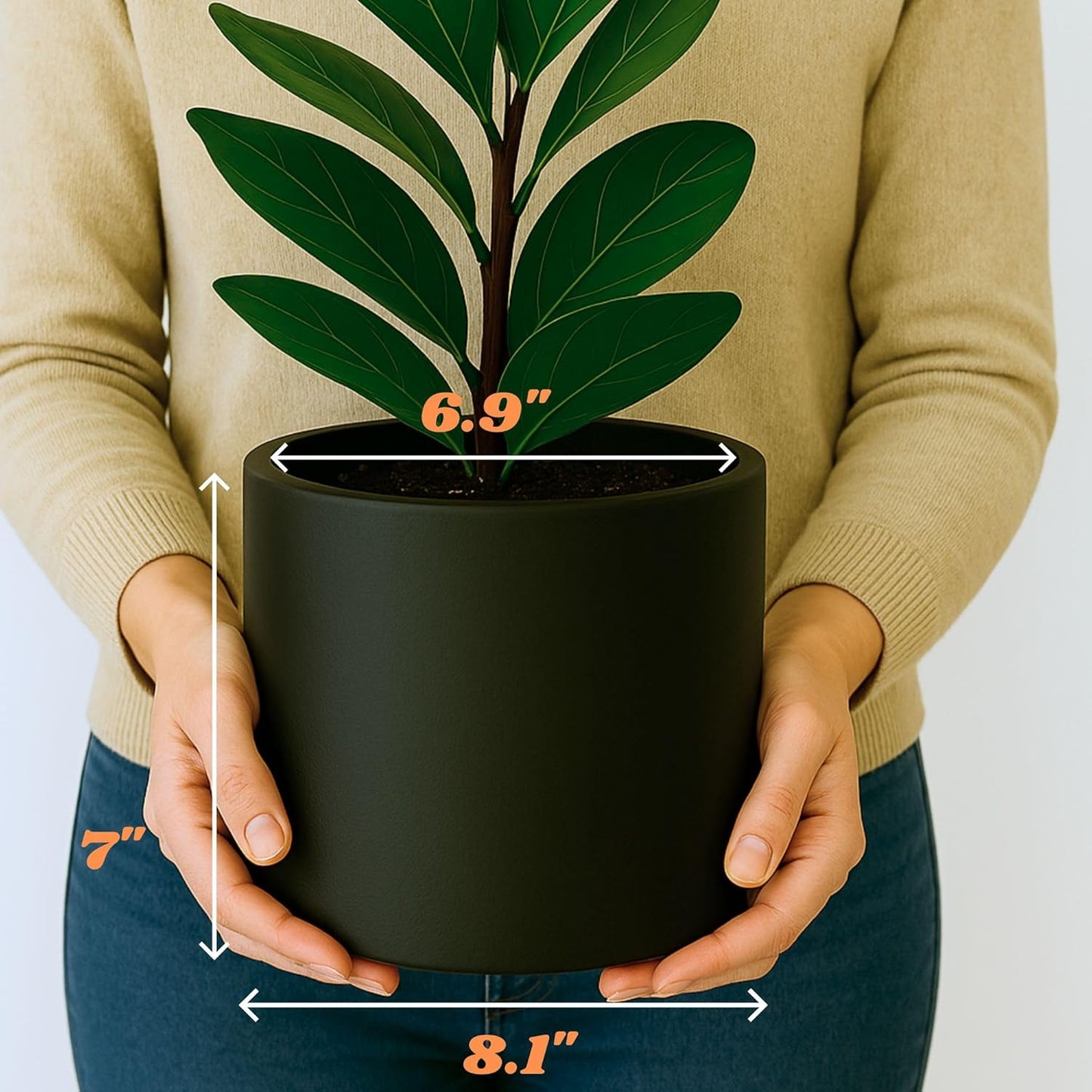 Fox & Fern 8 Inch Black Plant Pot with Drainage Plug — Premium Lightweight Fiberstone Matte Black Planter; 8 Inch Pots for Plants; for Indoor & Outdoor Use; Weather Resistant & UV Resistant