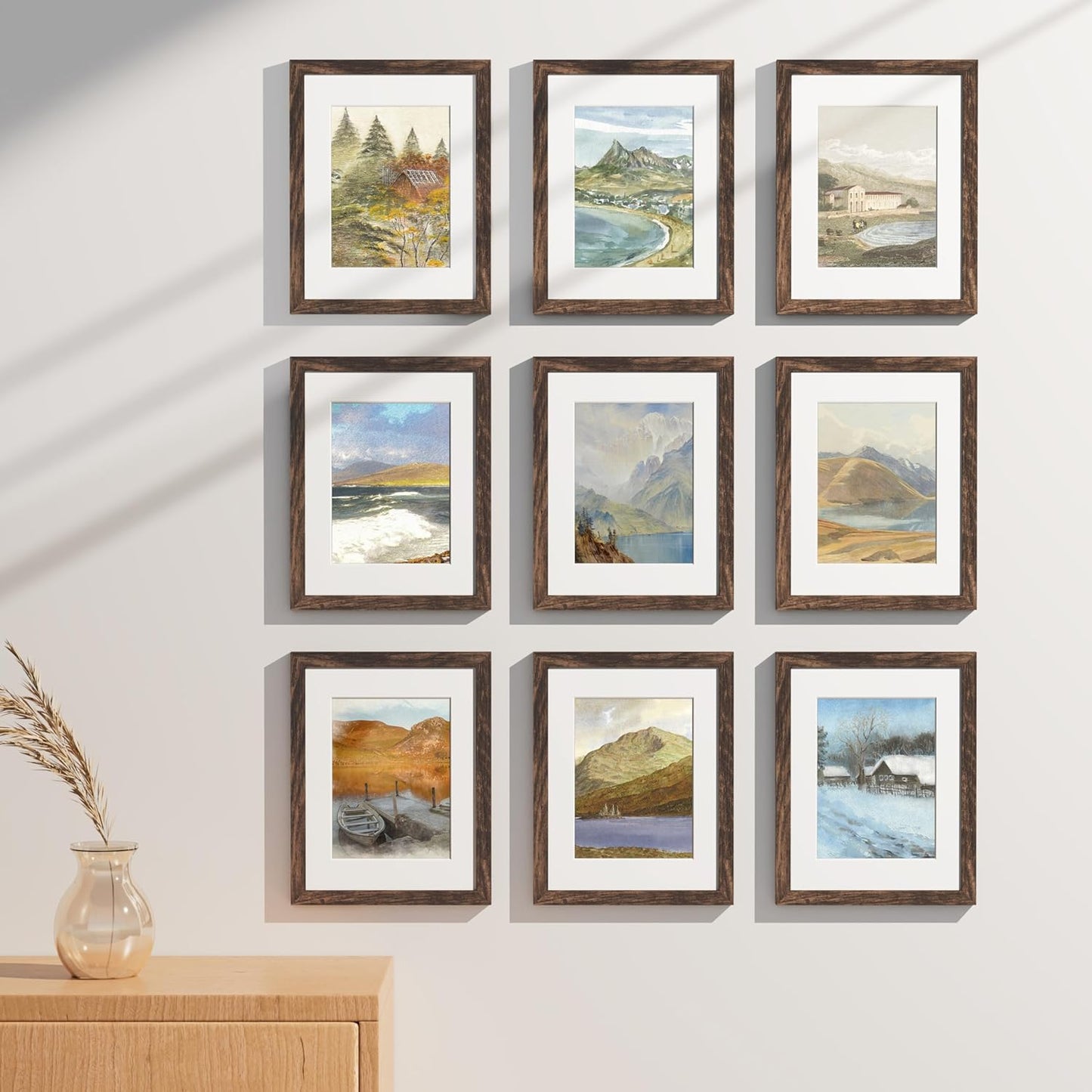 Vittanly 8.5x11 Picture Frames Set of 9, Shatter Resistant Plexiglass, Display 6x8 Pictures with Mat or 8.5x11 without Mat, Photo Frames for Wall or Tabletop, Engineered Wood, Brown