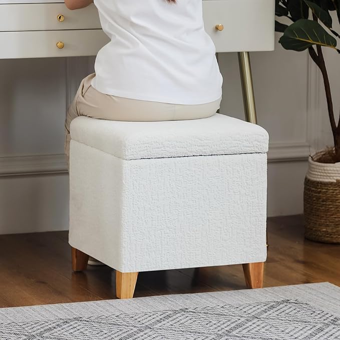 Adeco 18 Inch High Faux Fur White Cube Ottoman Storage, 3D Embossed Velvet Chair Foot Stools, Upholstered Vanity Stool with Hinged Lid, Solid Wood Legs