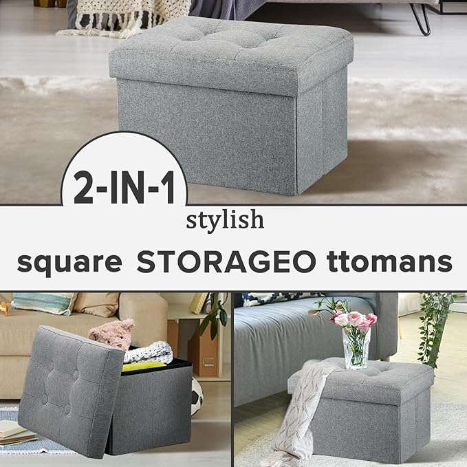 LINMAGCO Ottoman Storage Ottoman with Storage Small Foot Rest Stool Under Desk Stool Short Folding Footrest Linen Cloth Light Gray 16X12X12IN