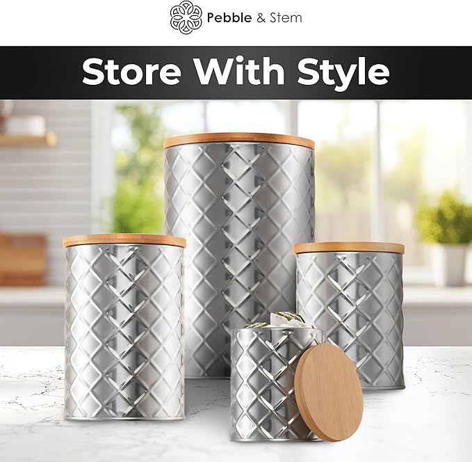 Pebble & Stem® Silver Stainless Steel Canister Set for Kitchen Counter, Food-Grade Canister Set of 4, Airtight Lids, Sugar and Flour Containers for Countertop, Coffee and Tea Storage, Farmhouse Decor