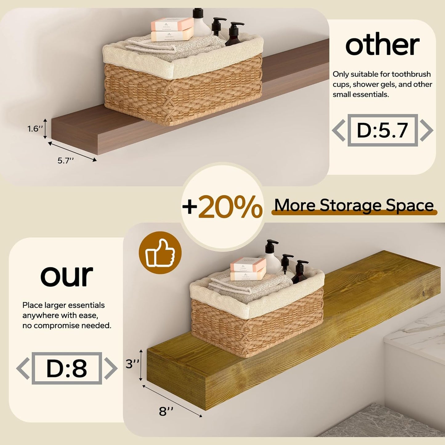 Floating Shelves 3 inch Thick for Wall Set of 2,Solid Pine Wood Wall Mount Shelf for Kitchen Living Room Bedroom Bathroom,8" D x 60" L x 3" H-Gold Oak