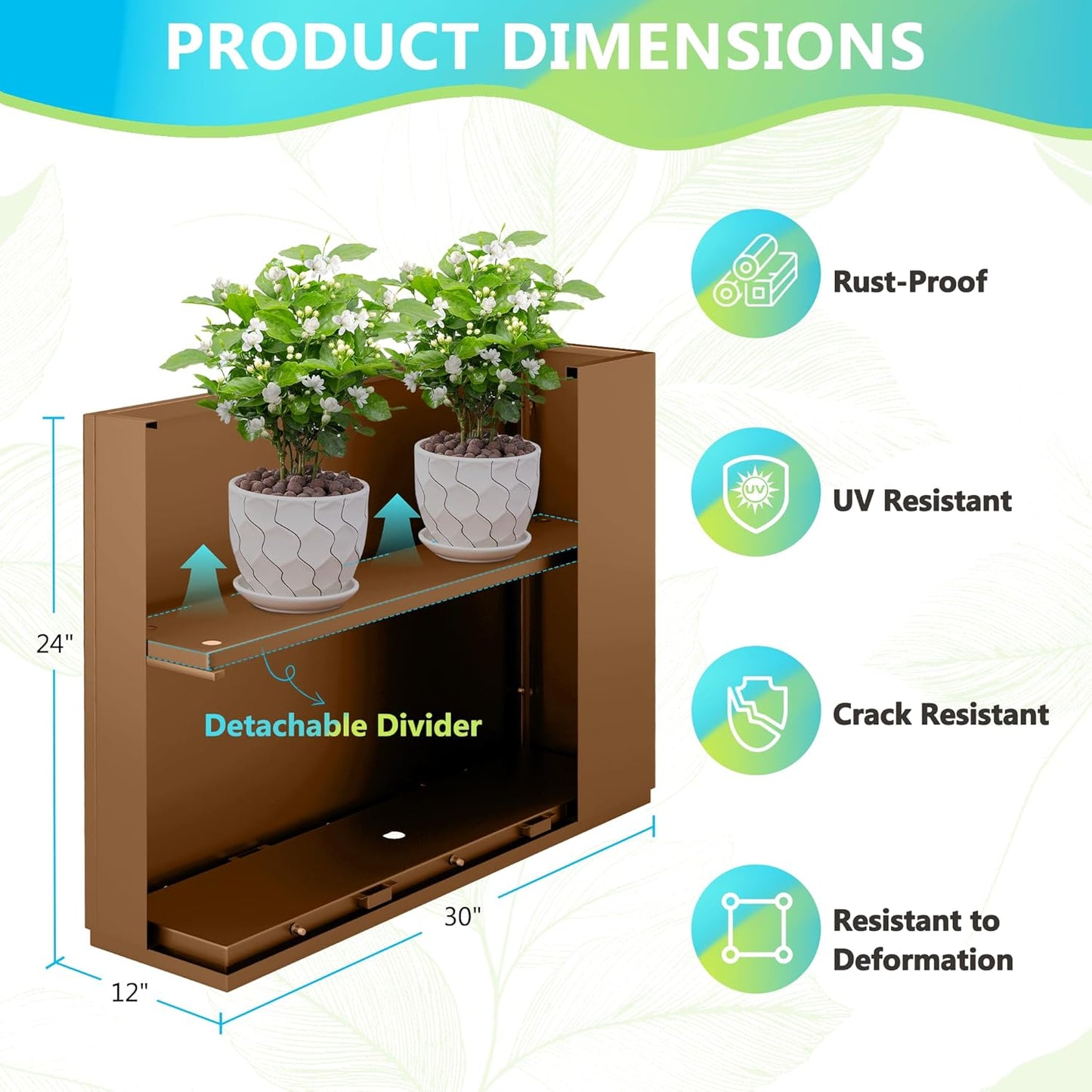 FENCY Metal Planter Box, Large Rectangular Planters for Outdoor Plants, Outdoor Tall Planters with Drainage Holes, Brown Metal Planters (30" L x 12" W x 24" H)