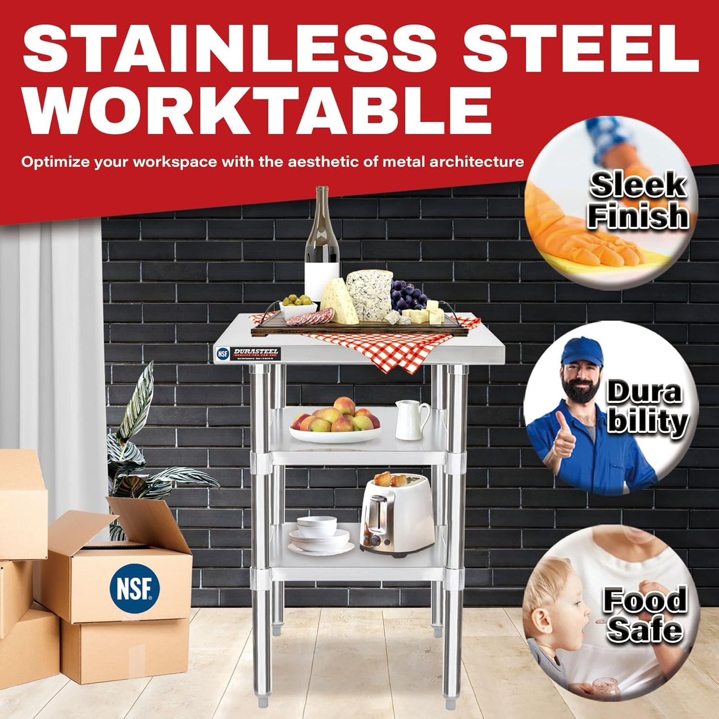 DuraSteel Food Prep Stainless Steel Table - 24 x 18 Inch Commercial Metal Workbench with Adjustable Under Shelf - NSF Certified - for Restaurant, Warehouse, Home, Kitchen, Garage