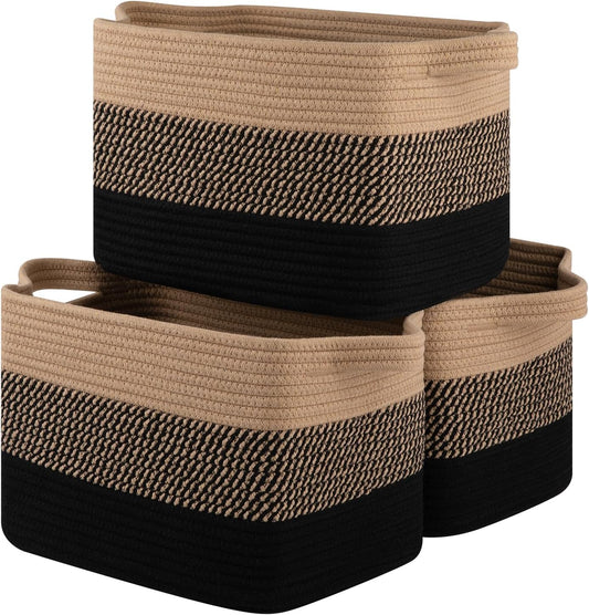 Storage Basket for Organizing, Woven Baskets for Storage, Rectangle Decorative Baskets for Shleves, Closet, Toys, Books, Nursery Organizer Bins - Pack of 3 (Black & Brown)