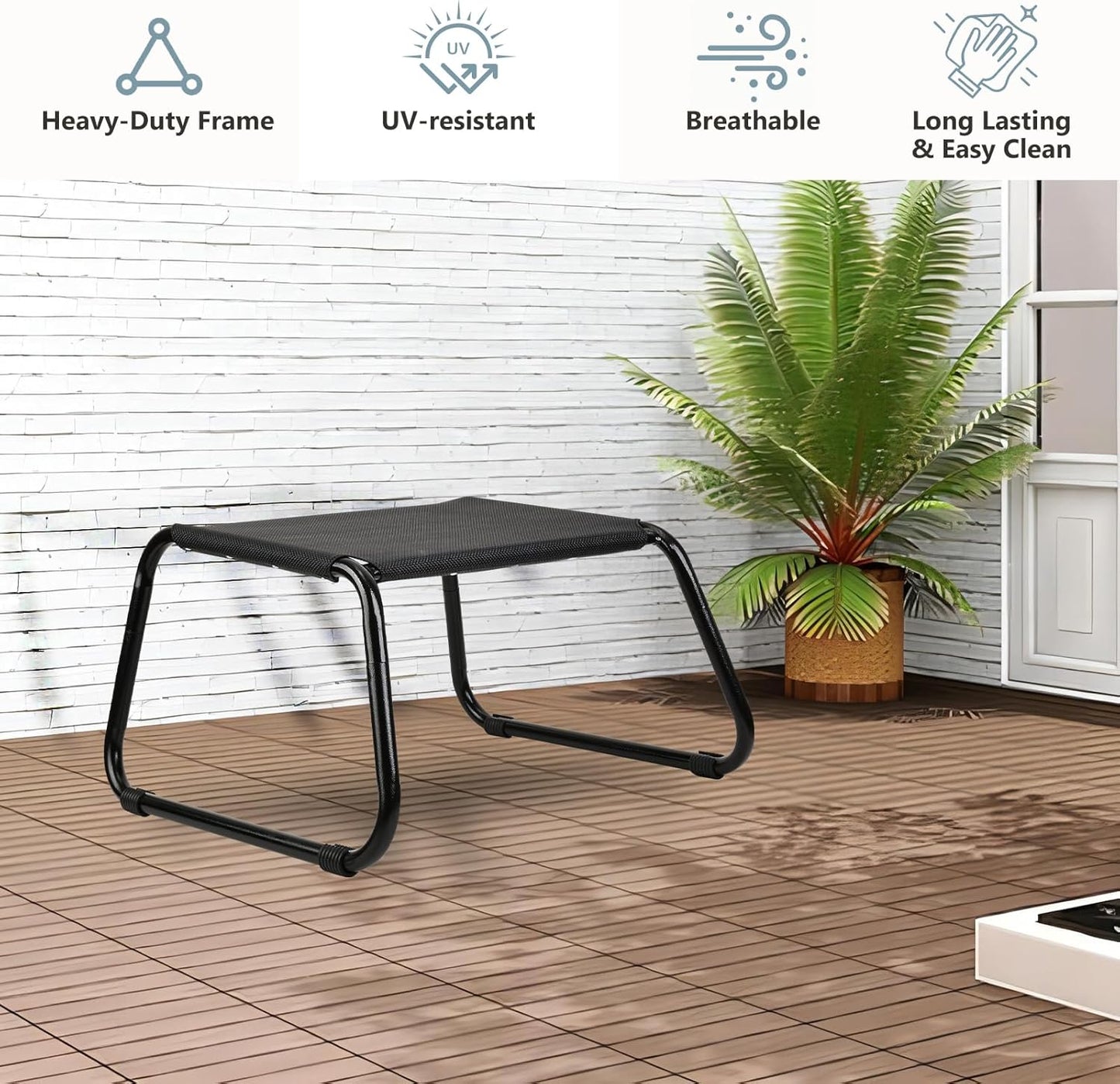 Outdoor Ottomans,Patio Foot Rest Portable Side Table Solid Steel Frame Small Seat All Weather Footrest for Indoor Outdoor Use 2 Pieces Black