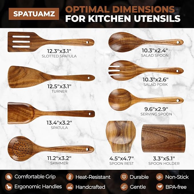 SPATUAMZ Wooden Spoons for Cooking, Teak Wood Kitchen Utensil Set for Nonstick Cookware, Durable Cooking Spatulas Set of 9 with Holder and Spoon Rest