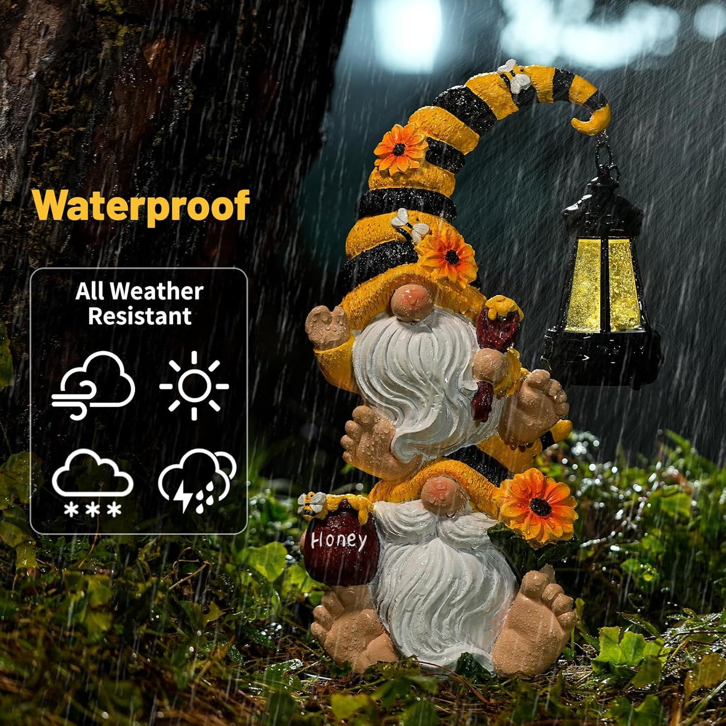 Solar Bee Garden Gnomes with LED Lantern – Waterproof Stacked Outdoor Decor for Yard, Patio – Unique Gnome Gift for Mom, Grandma, Women (Weatherproof Resin Outdoor Statues)