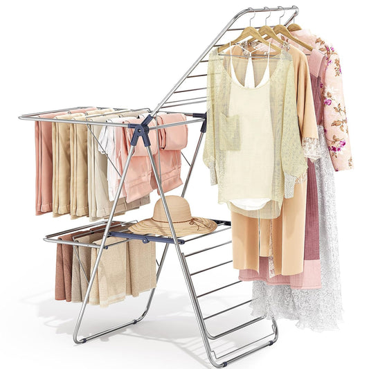 APEXCHASER Clothes Drying Rack with 4 Wings, Drying Rack Clothing with Height-Adjustable, Foldable Gullwings Laundry Drying Rack, Indoor Outdoor Use, No Assembly, Blue