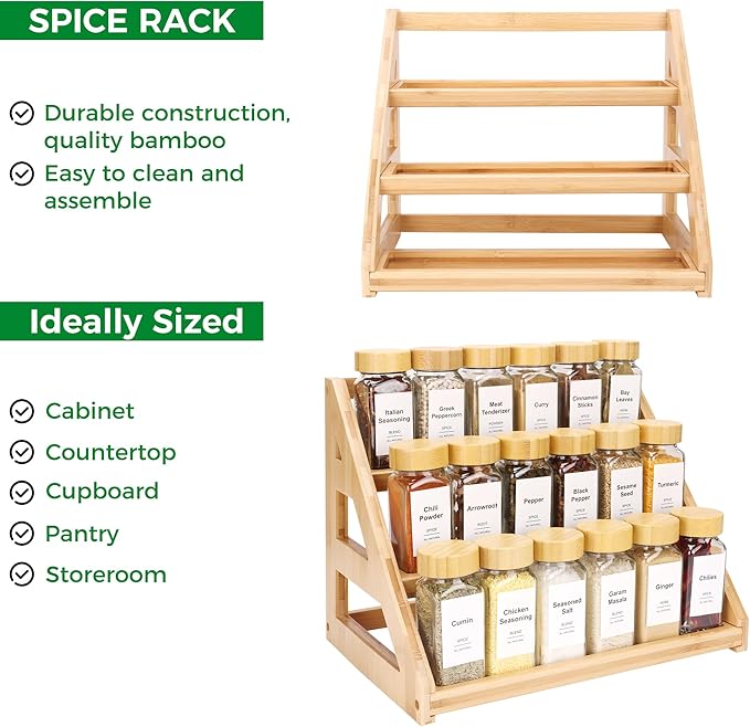 3-Tier Natural Bamboo Spice Rack Organizer - for Kitchen Cabinets, Countertops & Pantries - Space-Saving Tiered Shelf