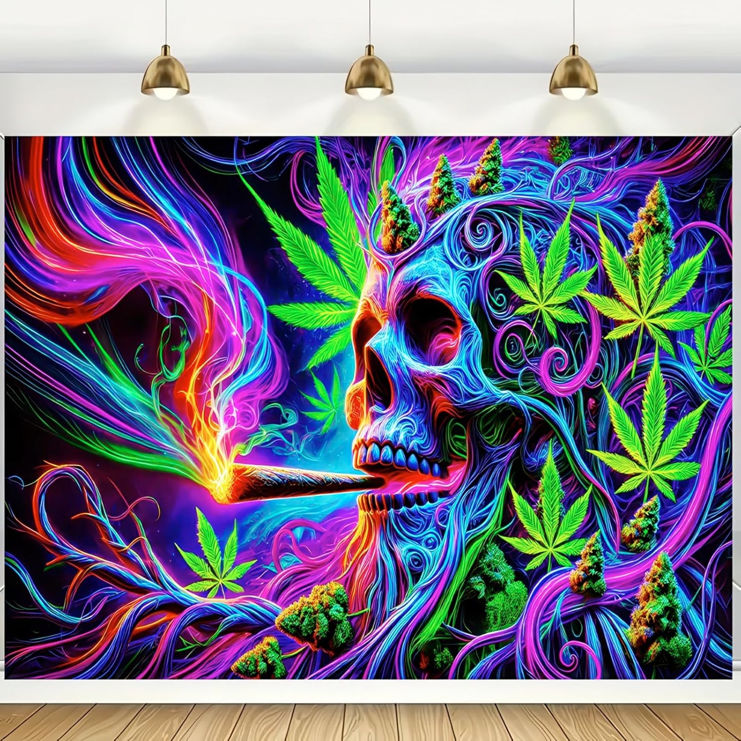 BlissYard Blacklight Cool Trippy Weed Marijuana Leaves Tapestry UV Reactive Skeleton Tapestry Smoking Skull Black Light Wall Tapestry Neon Psychedelic Tie Dye Stoner Poster Tapestry 59X78 IN