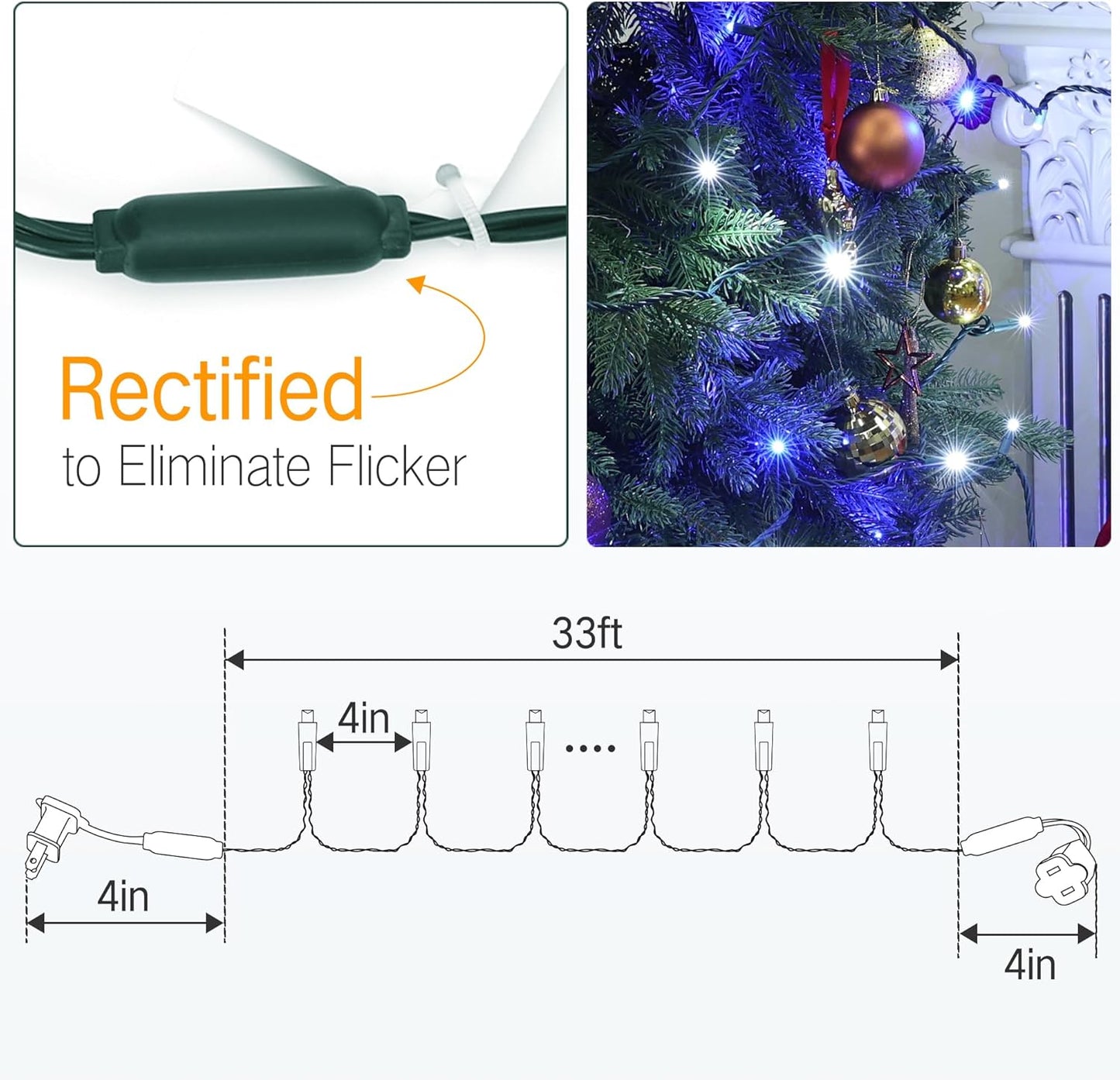 Brizled Blue & White Christmas Lights, 33ft 100 LED 5MM Wide Angle Christmas Lights, Mini String Lights Connectable, UL Listed Xmas Tree Light for Indoor Outdoor Holiday Party Decor, Green Wire