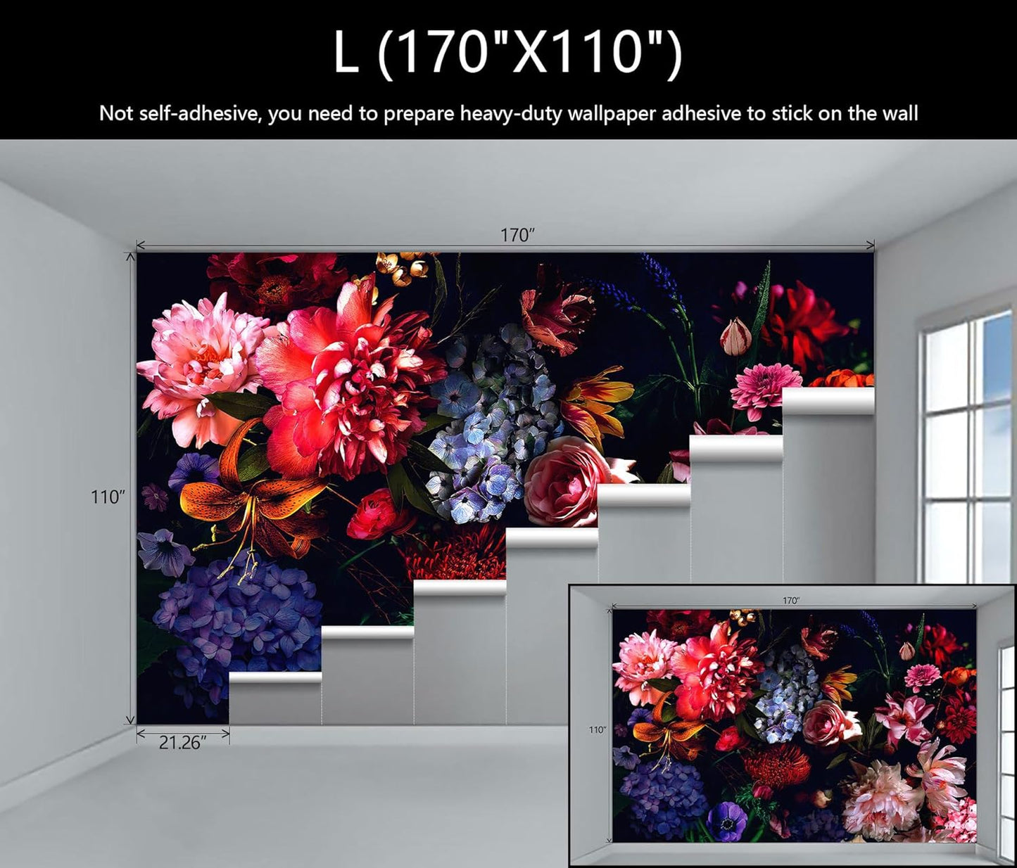 WFBHUA-Dark Floral Wallpaper Watercolor Pink and Blue Flower Wall Mural for Bedroom (Not Peel and Stick)