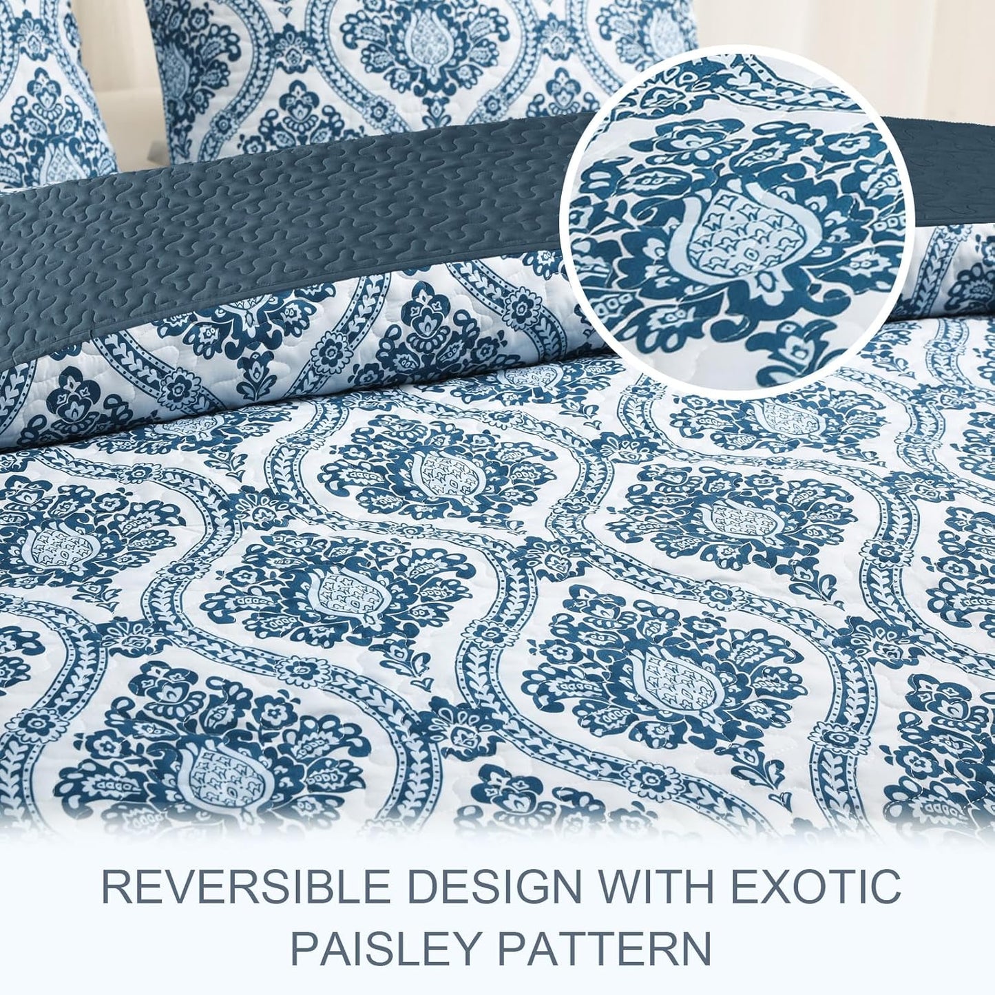 Exclusivo Mezcla Reversible Boho Quilt Set King Size, 3 Pieces Damask Blue All Season Bedspreads, Ultra Soft Floral Coverlet Bedding Set with Printed Pattern (1 Quilt, 2 Pillow Shams)