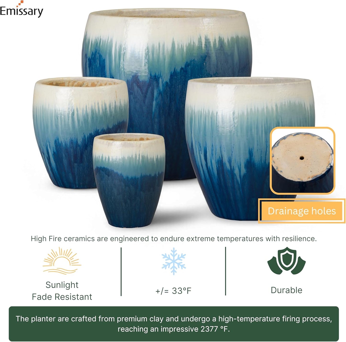 Emissary Home and Garden 13in., 16in., 19in.,23.5in. H Blue Snow Stoneware Round Planters with High-fire Treatment (Set of 4)