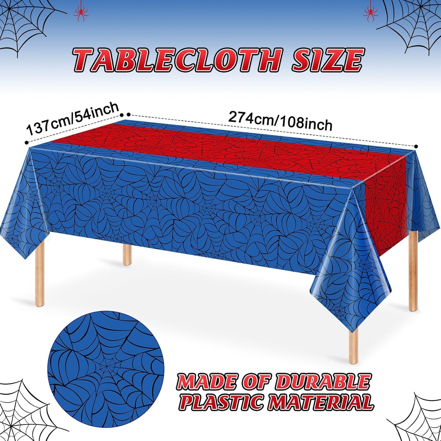 2Pcs Spider Web Themed Birthday Party Tablecloths Decorations,Mix Blue and Red Hero Plastic Table Cover Disposable Rectangle Table Cloth for Baby Shower Kids Boys Birthday Party Supplies,54x108 Inch