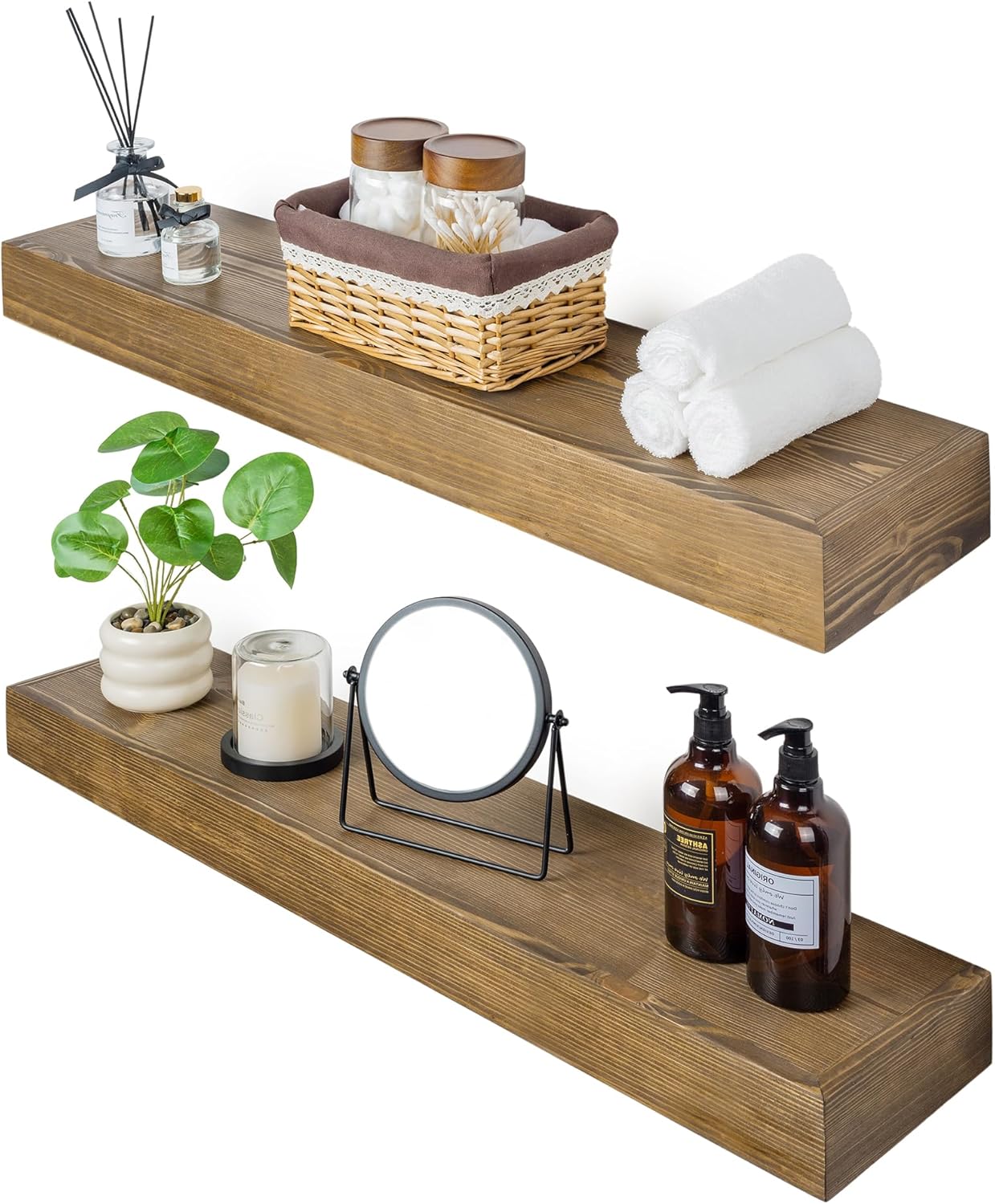 Floating Shelves 24 inch for Wall Set of 2,3 inch Thick Pine Wood Wall Mount Shelf for Kitchen Living Room Bedroom Bathroom,8" D x 24" L x 3" H-Drak Walnut