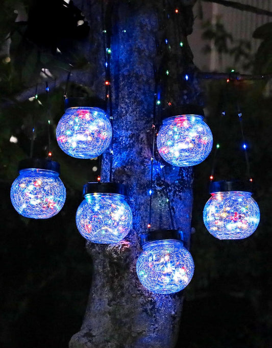 PARTPHONER Solar Lantern Solar Lights Outdoor Waterproof 6-Pack, Solar Powered Hanging Lights Cracked Glass Hanging Globes for Christmas Decoration, Shepherd Hook, Garden Tree Ornaments, Multi-Color