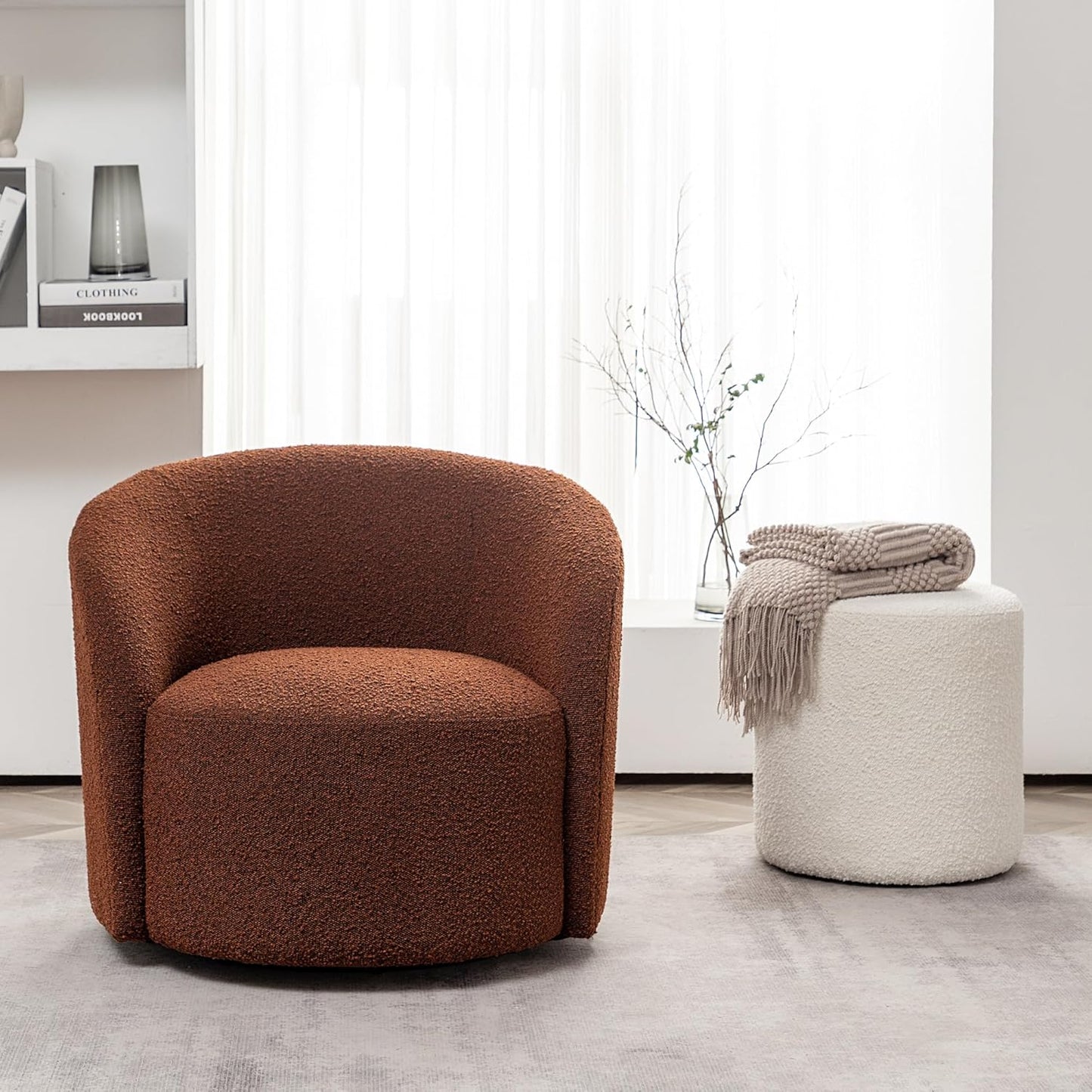 KINWELL 34" Boucle Swivel Barrel Chair with 18" Round Ottoman Set, Fully Assembled Set of Sherpa Accent Chair and Footrest, Modern Comfy Armchair and Footstool for Living Room and Bedroom, Brown