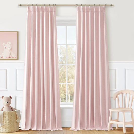 Baby Pink Black Out Curtains 92 Inch Long for Grils Bedroom 2 Panels Set, Cute Pinch Pleat Flax Linen Dining Room Darkening Window Drapes with Back Tab Insulated Soundproof Curtain (W40" x L92")