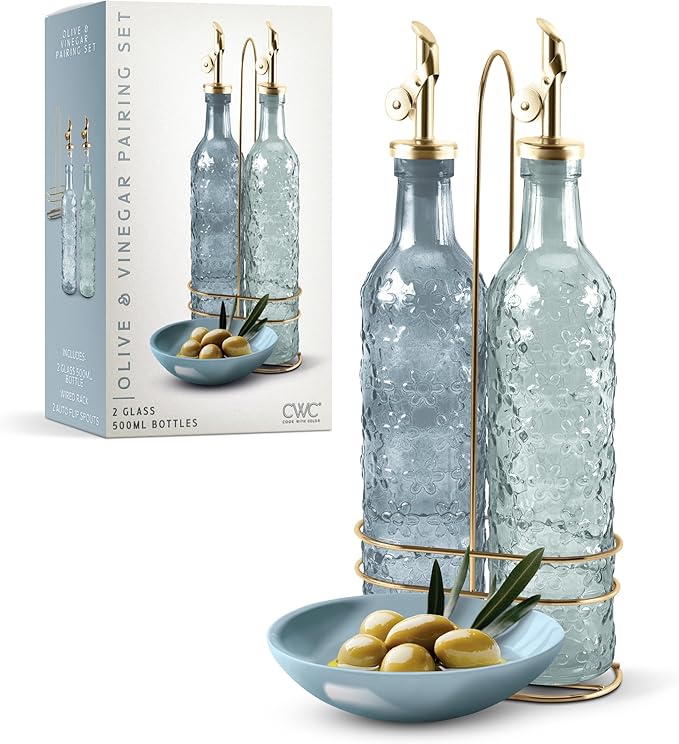 COOK WITH COLOR Glass Olive Oil Bottle Dispenser - 2 Pack- 17oz Oil and Vinegar Cruet - Olive Oil Carafe Decanter for Kitchen