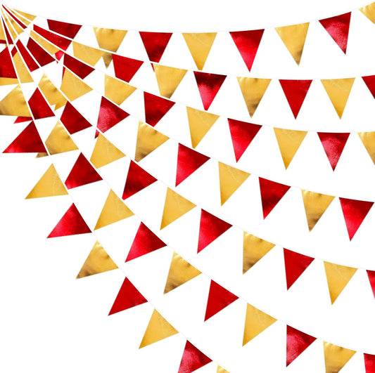 Red Gold Party Decorations Metallic Fabric Triangle Pennant Banner Flag Bunting Garland for Graduation Birthday Wedding Bachelorette Anniversary Baby Shower Christmas Holiday New Year Party Supplies