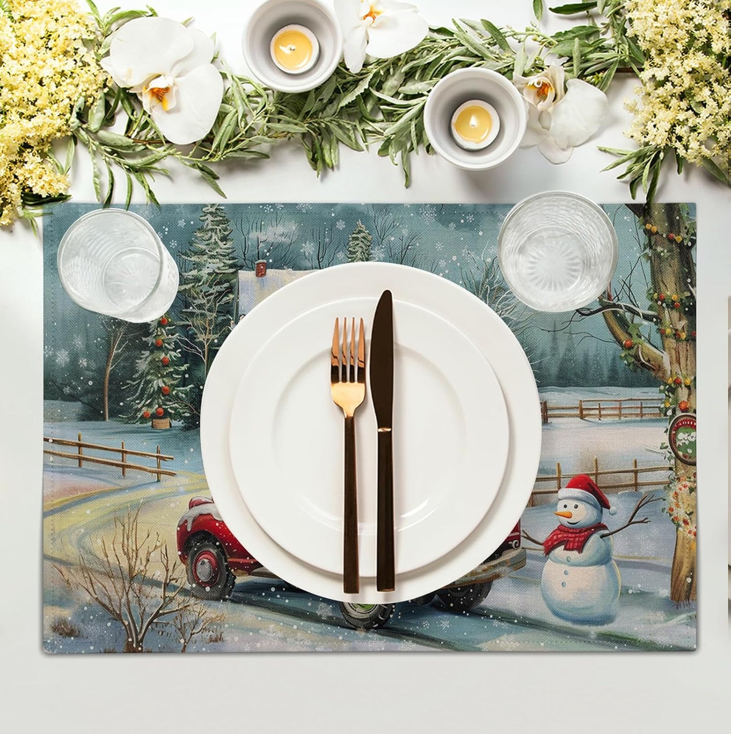 Red Truck Xmas Tree Snowman Christmas Placemats Set of 4 Winter Snowflake Vintage Farmhouse Rustic Place Mats 12x18 Inch Seasonal Christmas Holiday Washable Table Mats for Party Kitchen Dining Decor